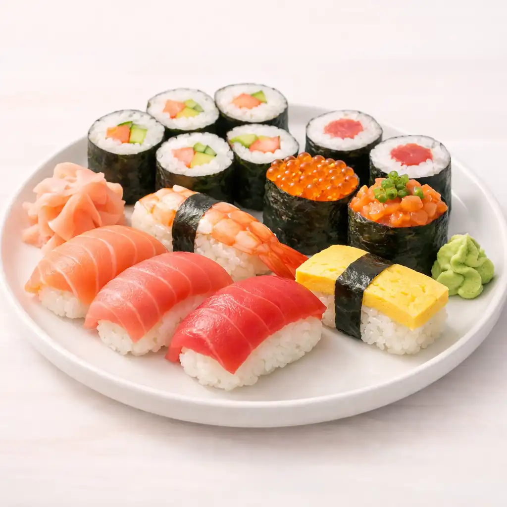 Sushi talíř s nigiri a maki v pastelových barvách