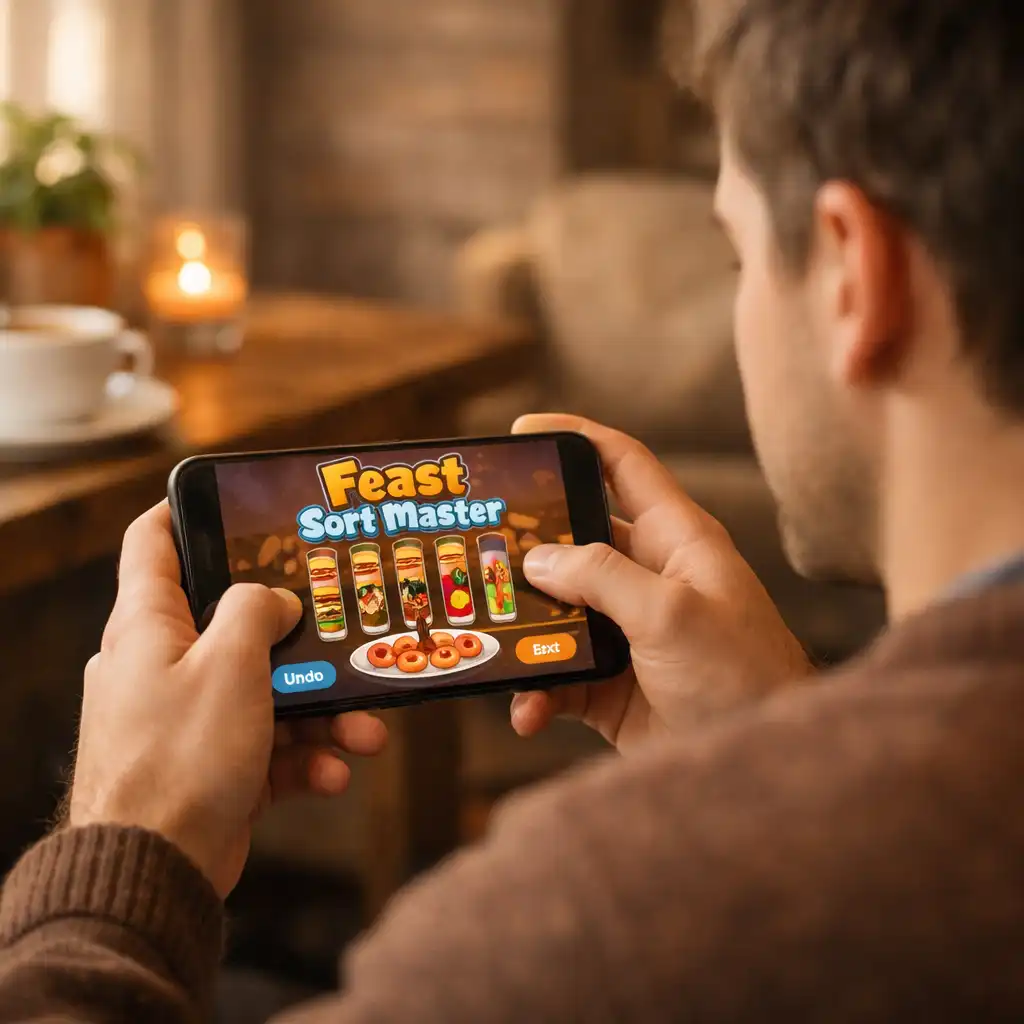 Hráč hrající Feast Sort Master na smartphonu, ilustrující trénink a zlepšování