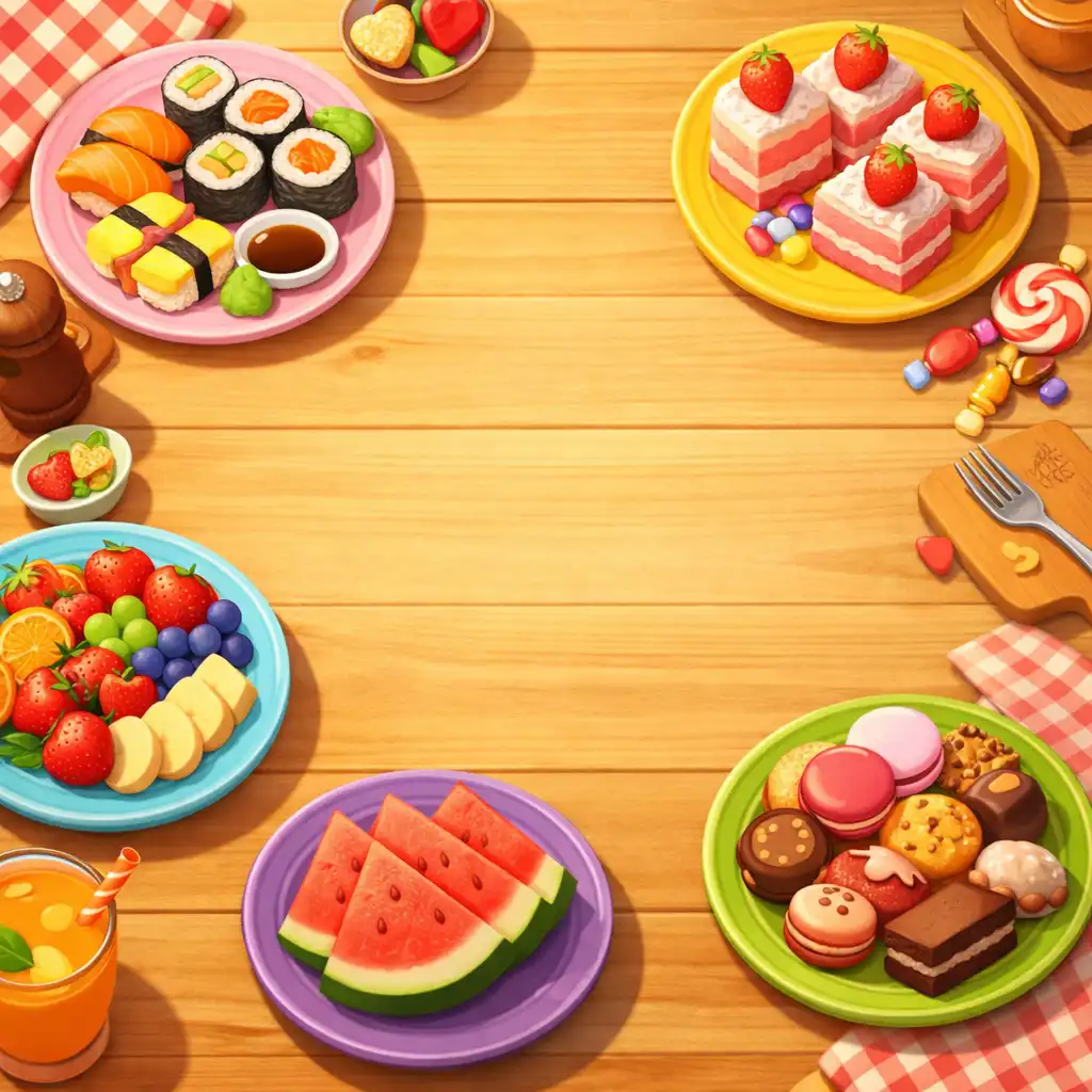 Ilustrace hry Feast Sort Master s talíři plnými sushi, dortů a ovoce na dřevěném stole