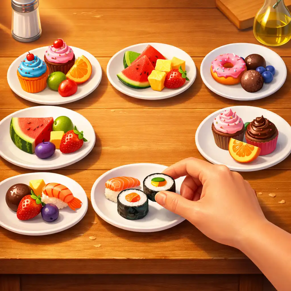 Ukázka herní smyčky třídění jídel v Feast Sort Master